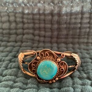 Solid Sterling Silver Turquoise Cabachon Cuff  with 3 carved leaf accents